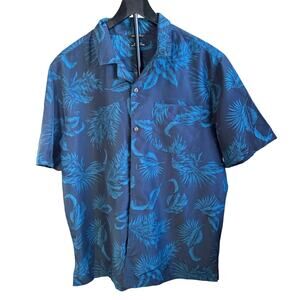 George Vintage Mens relaxed navy Hawaiian shirt with blue palm fronds, Size L